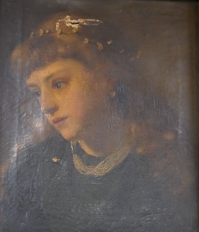 19th century School, oil on canvas, Portrait of a young woman, indistinctly signed A Pulver....? and dated 1882, 34 x 29cm. Condition - poor